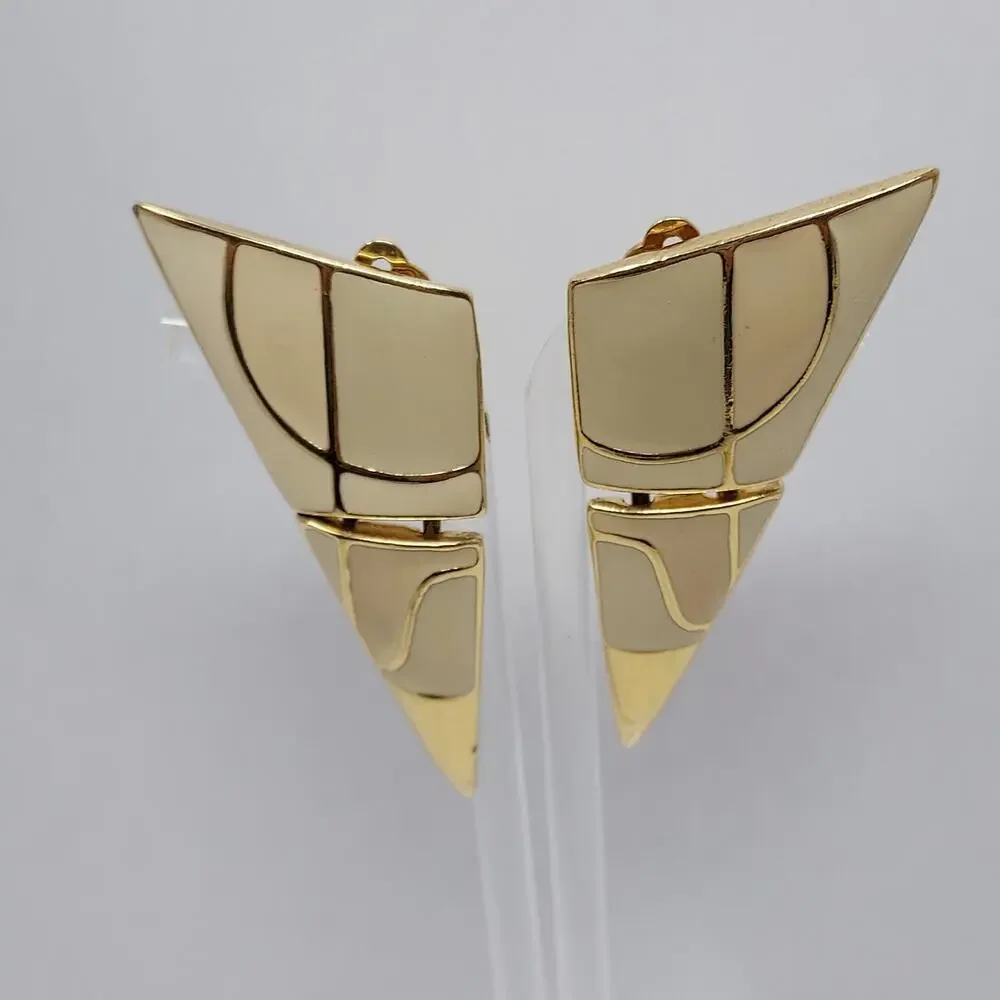 Vintage Trifari Enamel Earrings Modern Articulated 1980s Clip Cream Signed 2.5